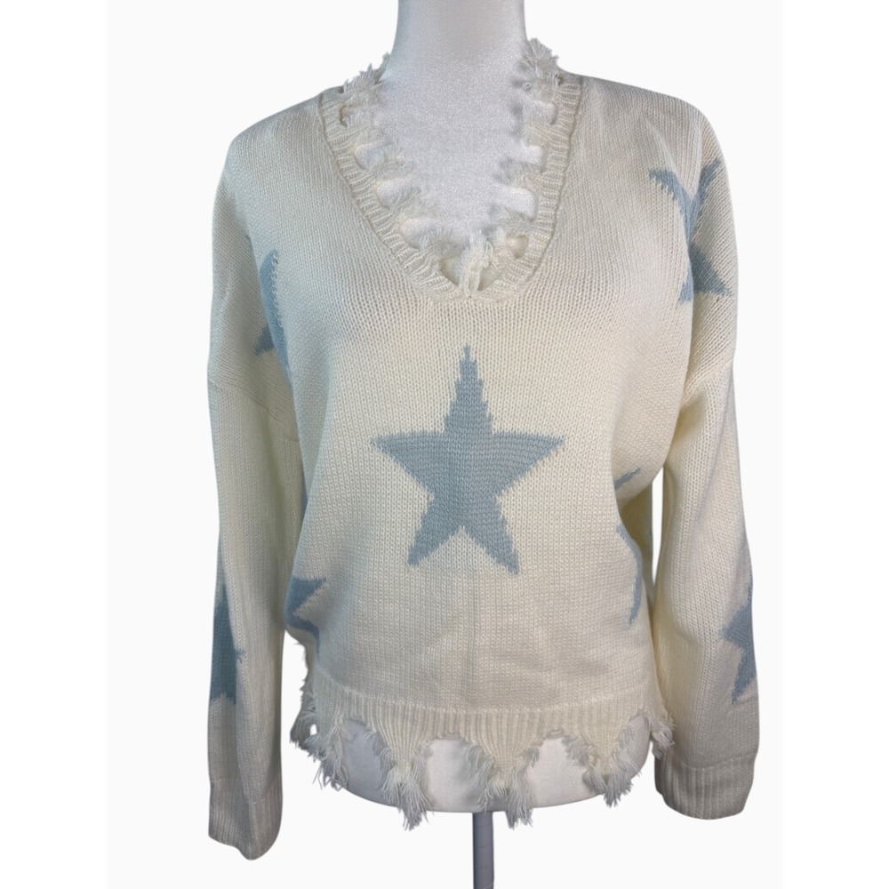 Sweet & Sinful Women's M Ivory Blue Star Distressed Frayed V Neck Sweater